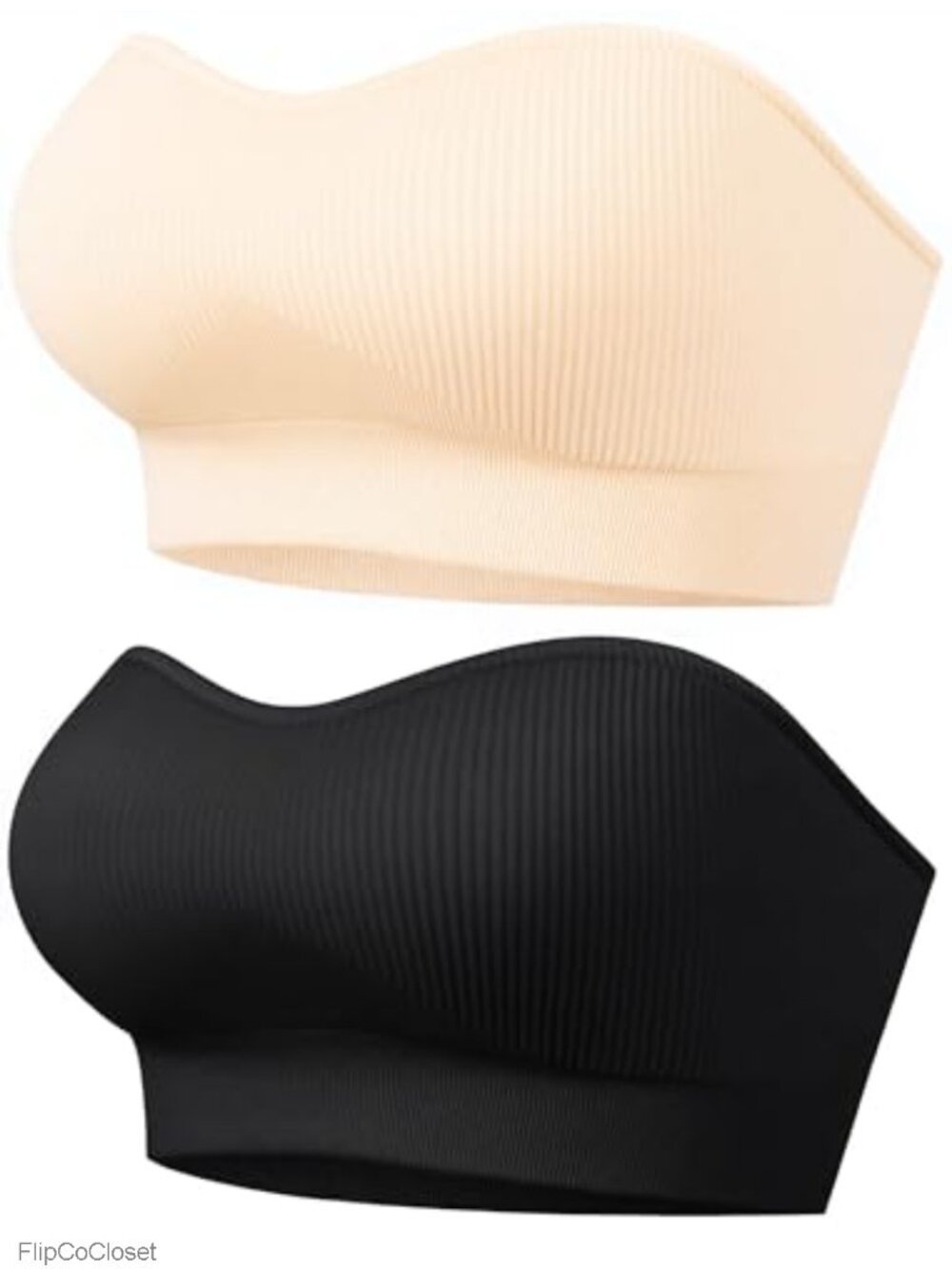 Strapless Wireless Bandeau Bra Non-Slip Seamless Ribbed Removable Padded Cups